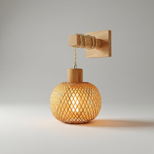  Arandela de parede em formato de bola, produzida em bambu natural trançado artesanalmente.