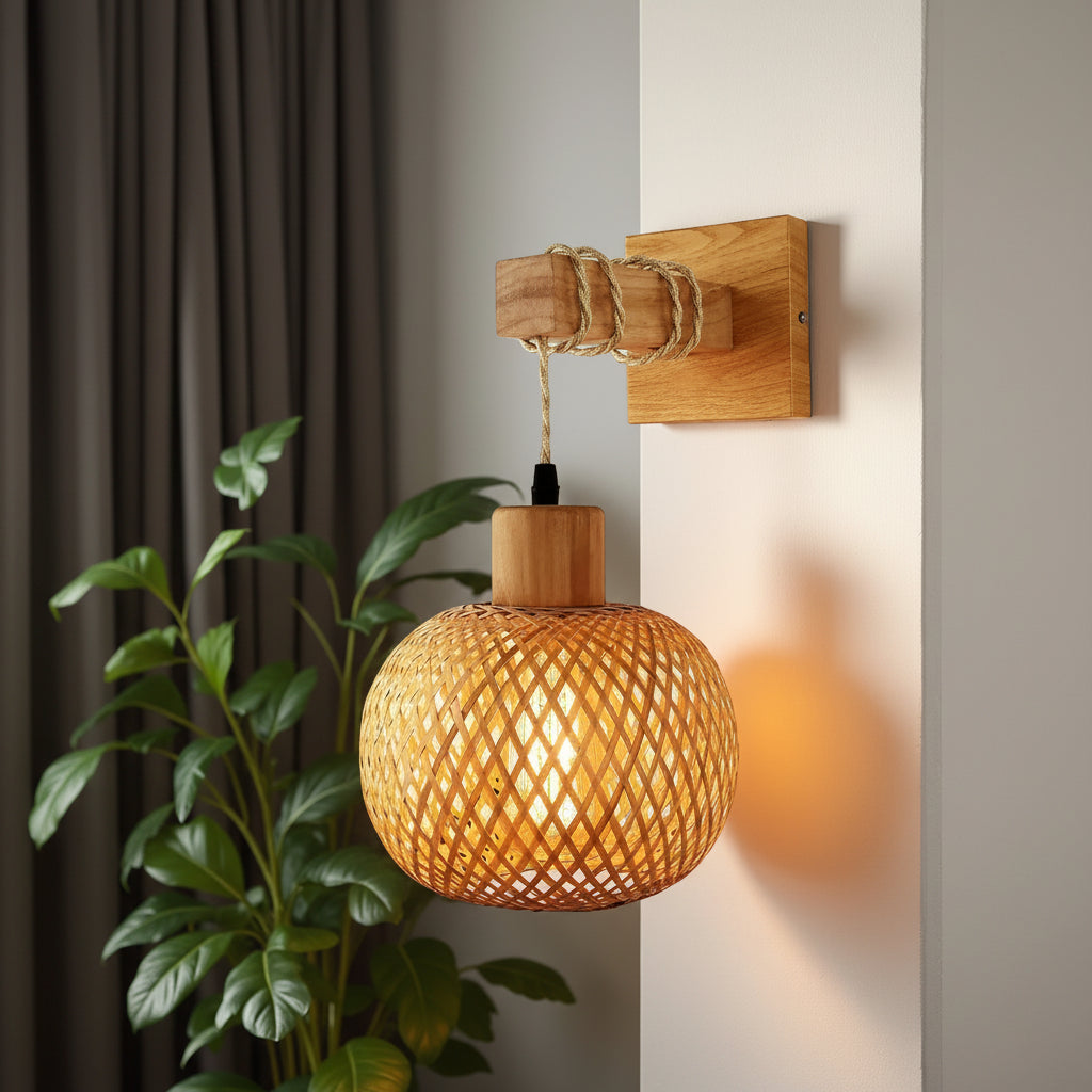 Arandela de parede em bola de bambu natural trançado instalada em corredor