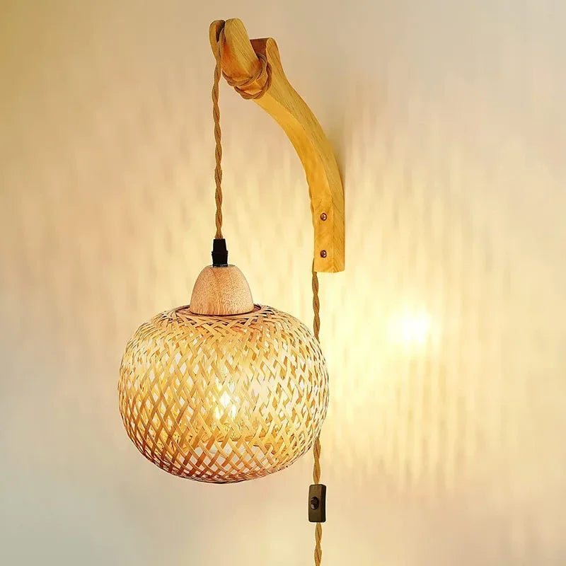 Arandela de parede em bambu artesanal modelo corda – luz filtrada decorativa