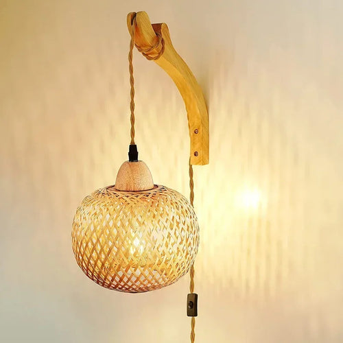 Arandela de parede em bambu artesanal modelo corda – luz filtrada decorativa