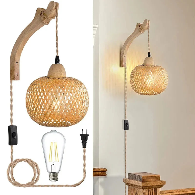 Luminária de parede bambu e rattan natural – decoração boho sala de estar