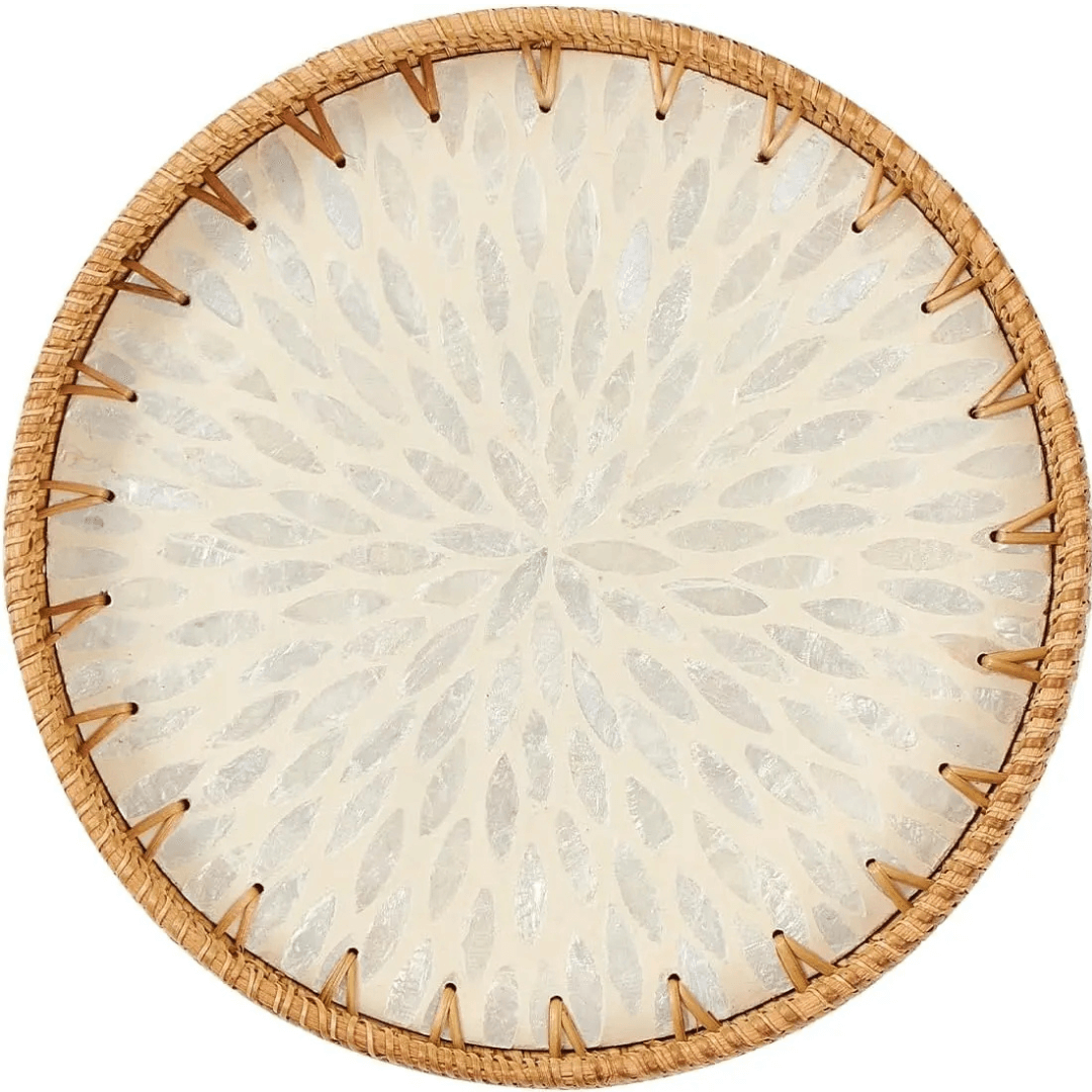 Bandeja grande de madreperola branca com padrão floral natural – decoração mesa de sala