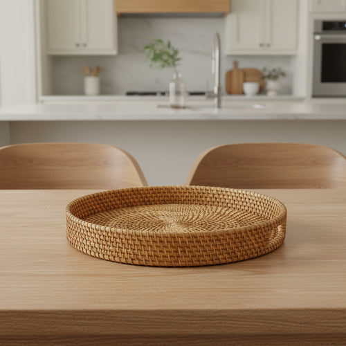 Bandeja redonda de rattan natural sobre mesa de jantar de madeira – decoração mesa posta