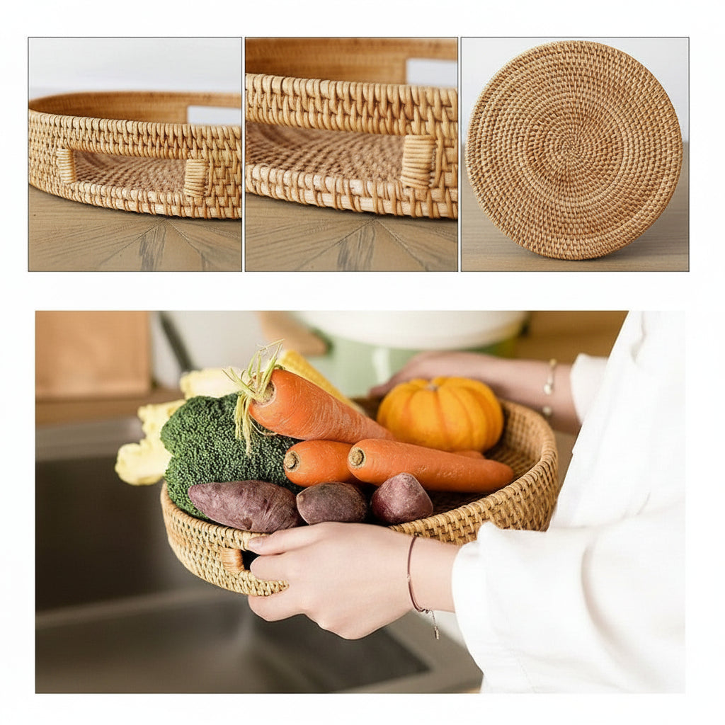 Bandeja rattan eco living: detalhes da trama artesanal e uso como fruteira com legumes frescos
