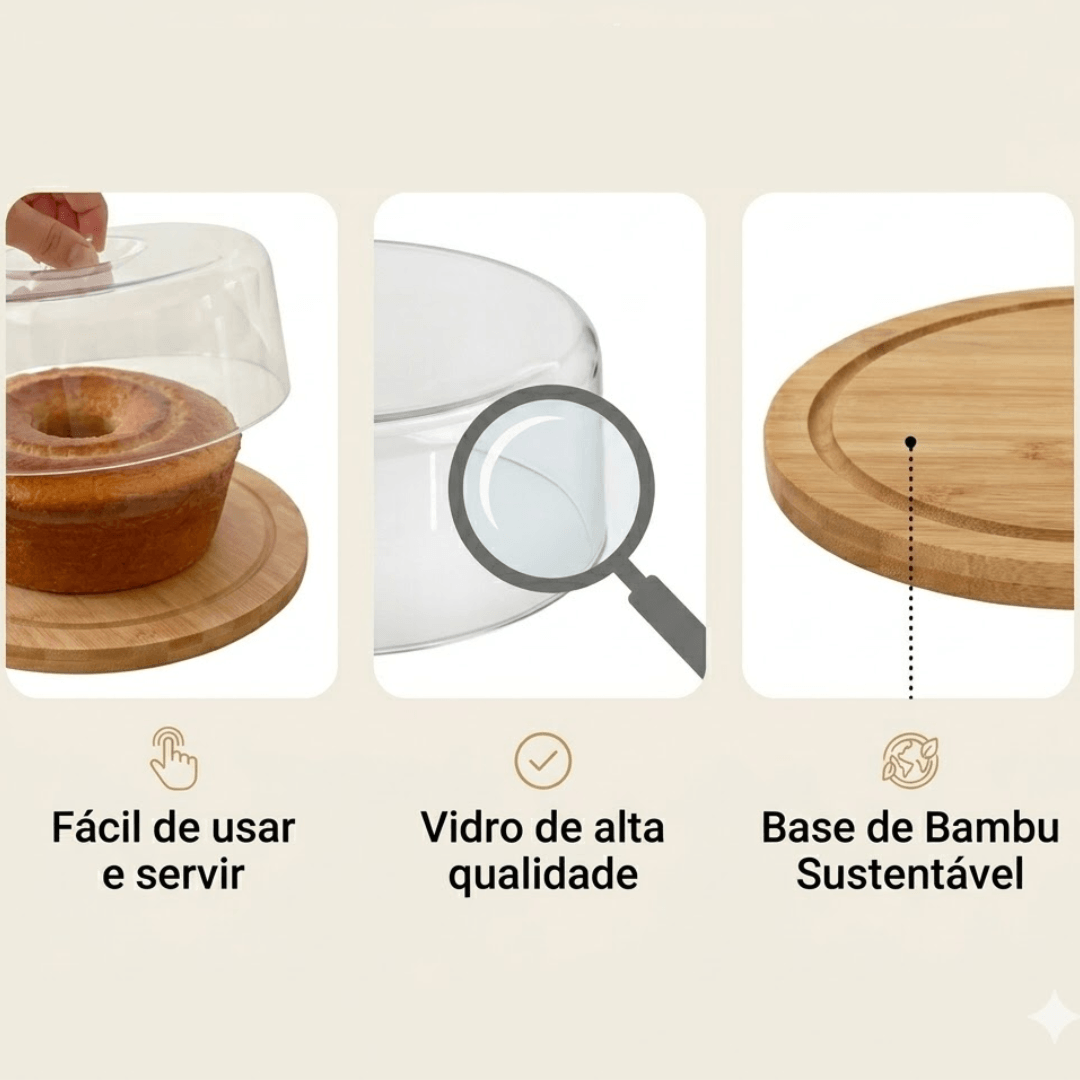 Boleira bambu vidro com bolo decorado sobre mesa de sala