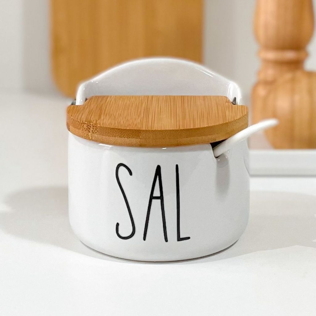 Saleiro Porta Sal de Porcelana Branco Porta Tempero para Cozinha Tampa de Bambu Madeira com Colher