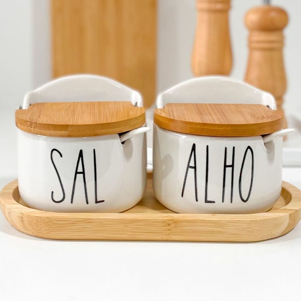 Saleiro Porta Sal de Porcelana Branco Porta Tempero para Cozinha Tampa de Bambu Madeira com Colher
