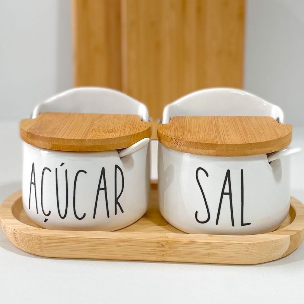 Saleiro Porta Sal de Porcelana Branco Porta Tempero para Cozinha Tampa de Bambu Madeira com Colher