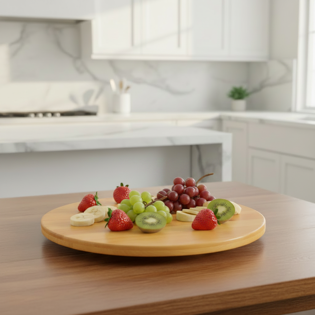 Tábua de bambu com frutas frescas: morangos, kiwi em fatias, uva vermelha e banana