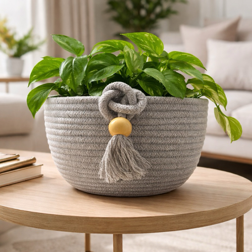 Cachepô de corda cinza claro com planta pothos e miçanga em sala de estar decorada