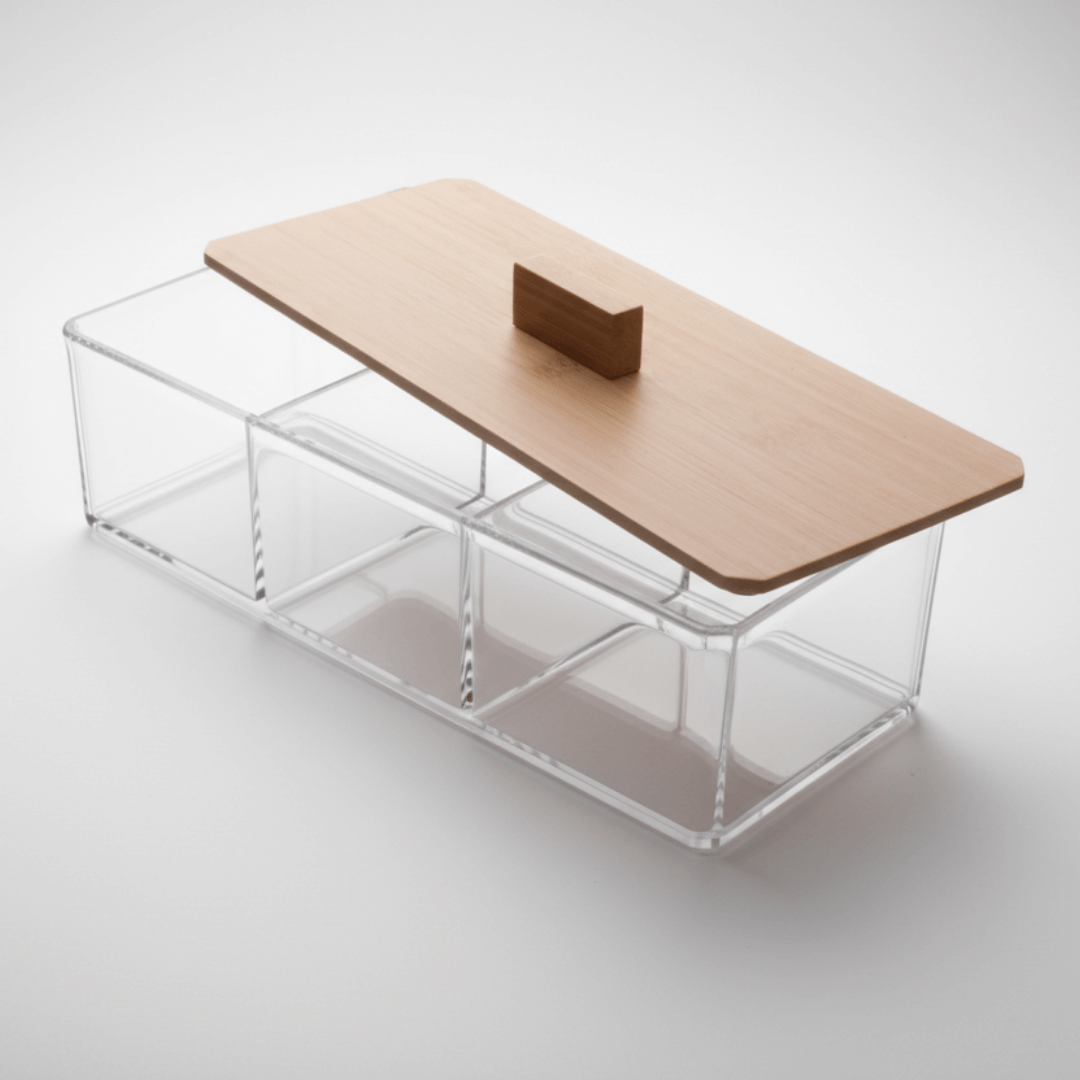 Caixa Organizadora Acrílica Porta Saches De Chá Porta Joia Com 3 Divisórias E Tampa De Bambu