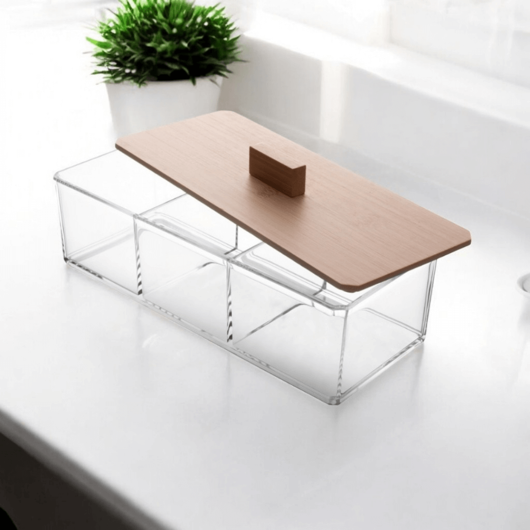 Caixa Organizadora Acrílica Porta Saches De Chá Porta Joia Com 3 Divisórias E Tampa De Bambu