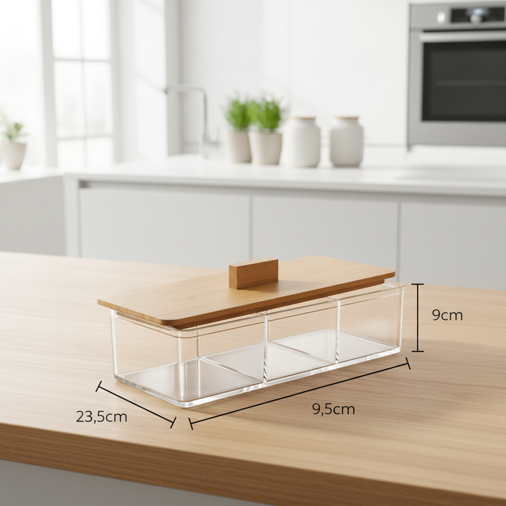 Caixa acrílica organizadora com tampa de bambu e dimensões: 23,5 × 9,5 × 9 cm sobre bancada