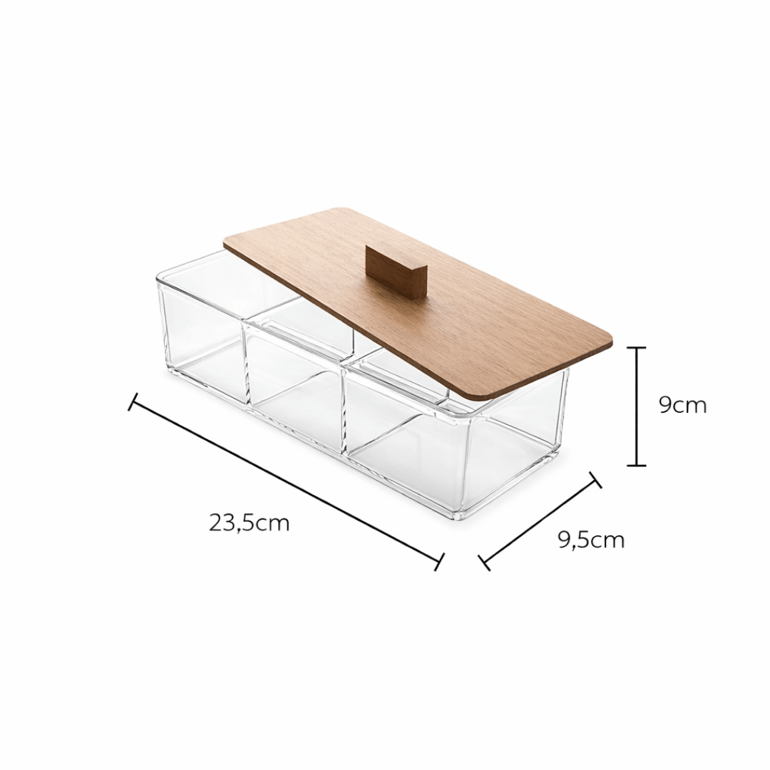 Caixa Organizadora Acrílica Porta Saches De Chá Porta Joia Com 3 Divisórias E Tampa De Bambu