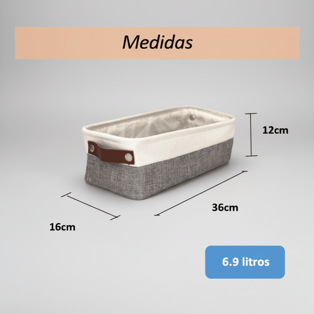 Caixa organizadora de tecido com dimensões: 36 × 16 × 12 cm e capacidade de 6,9 litros
