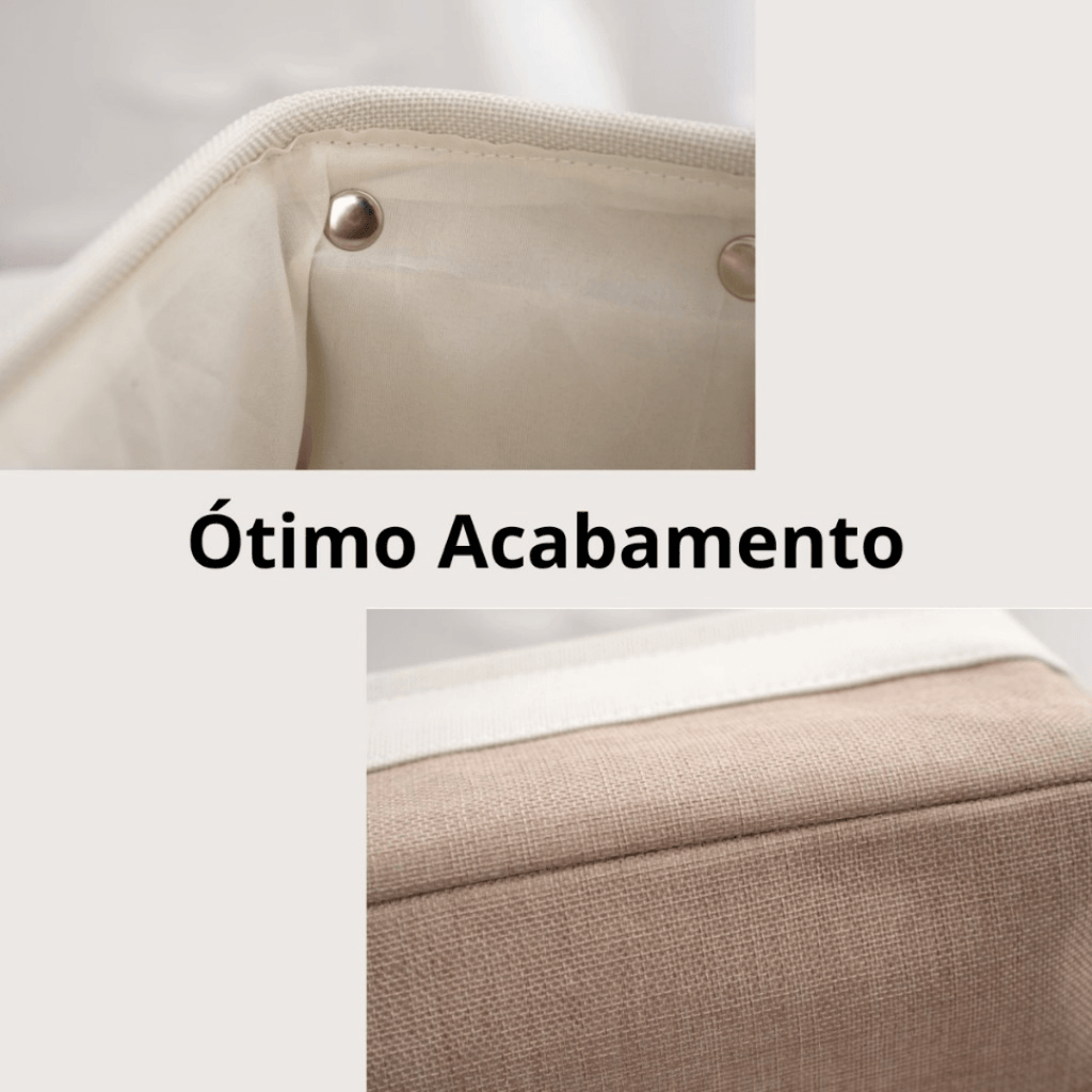 Detalhe do acabamento interno e costura reforçada da caixa organizadora decorativa de tecido