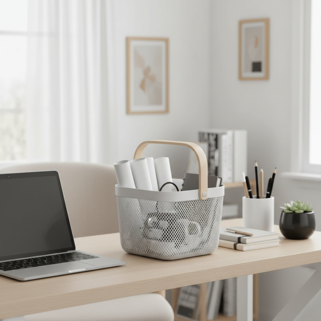 Cesto organizador branco com alça de bambu organizado com papéis e canetas sobre mesa de home office
