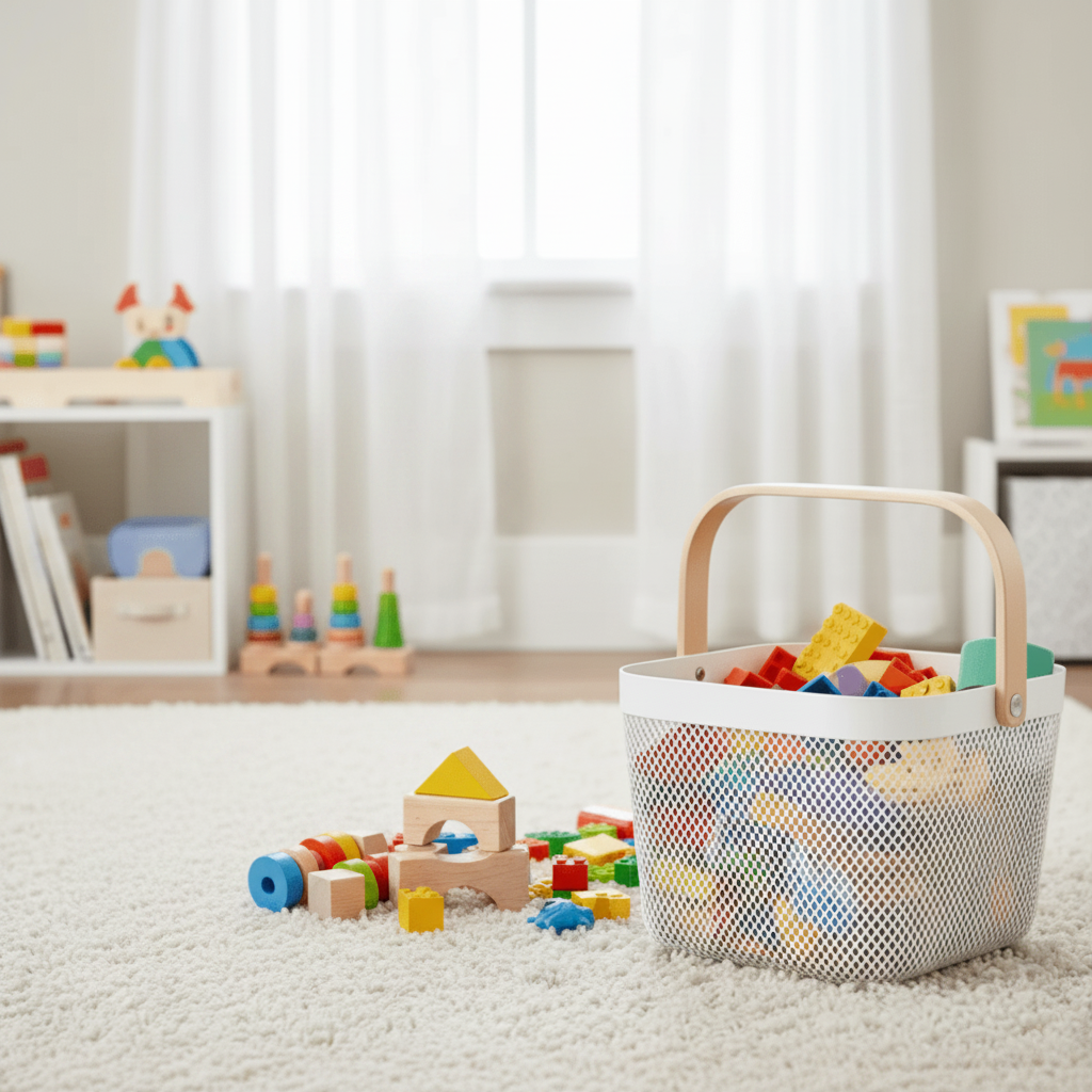 Cesto organizador branco com alça de bambu cheio de blocos coloridos em quarto infantil