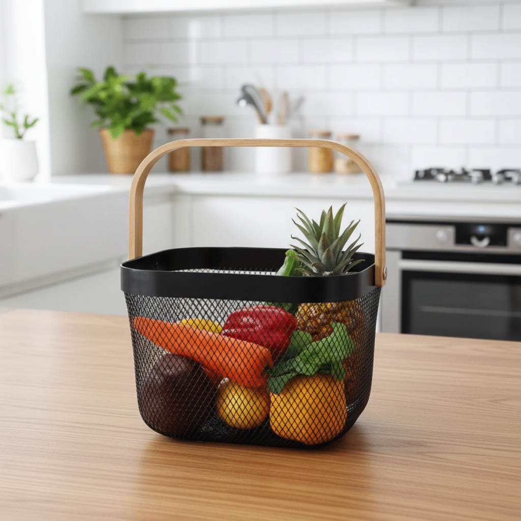 Cesto organizador preto com alça de bambu cheio de frutas sobre bancada de cozinha