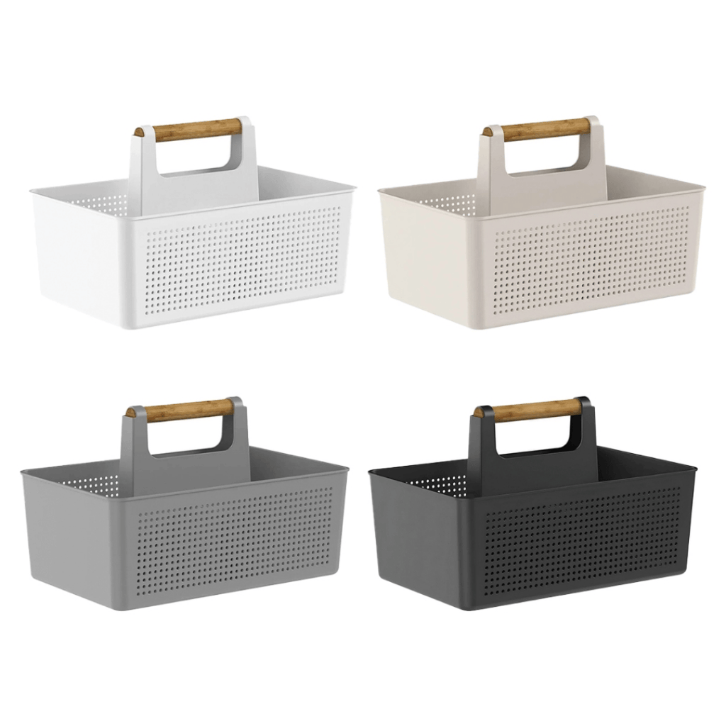 Cesto organizador multiuso disponível em quatro cores: branco, bege, cinza e chumbo com alça de bambu