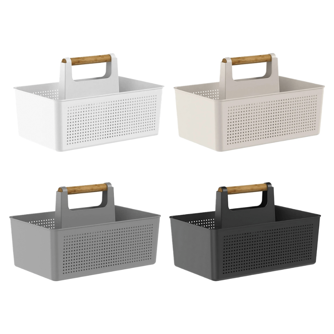 Cesto organizador multiuso disponível em quatro cores: branco, bege, cinza e chumbo com alça de bambu