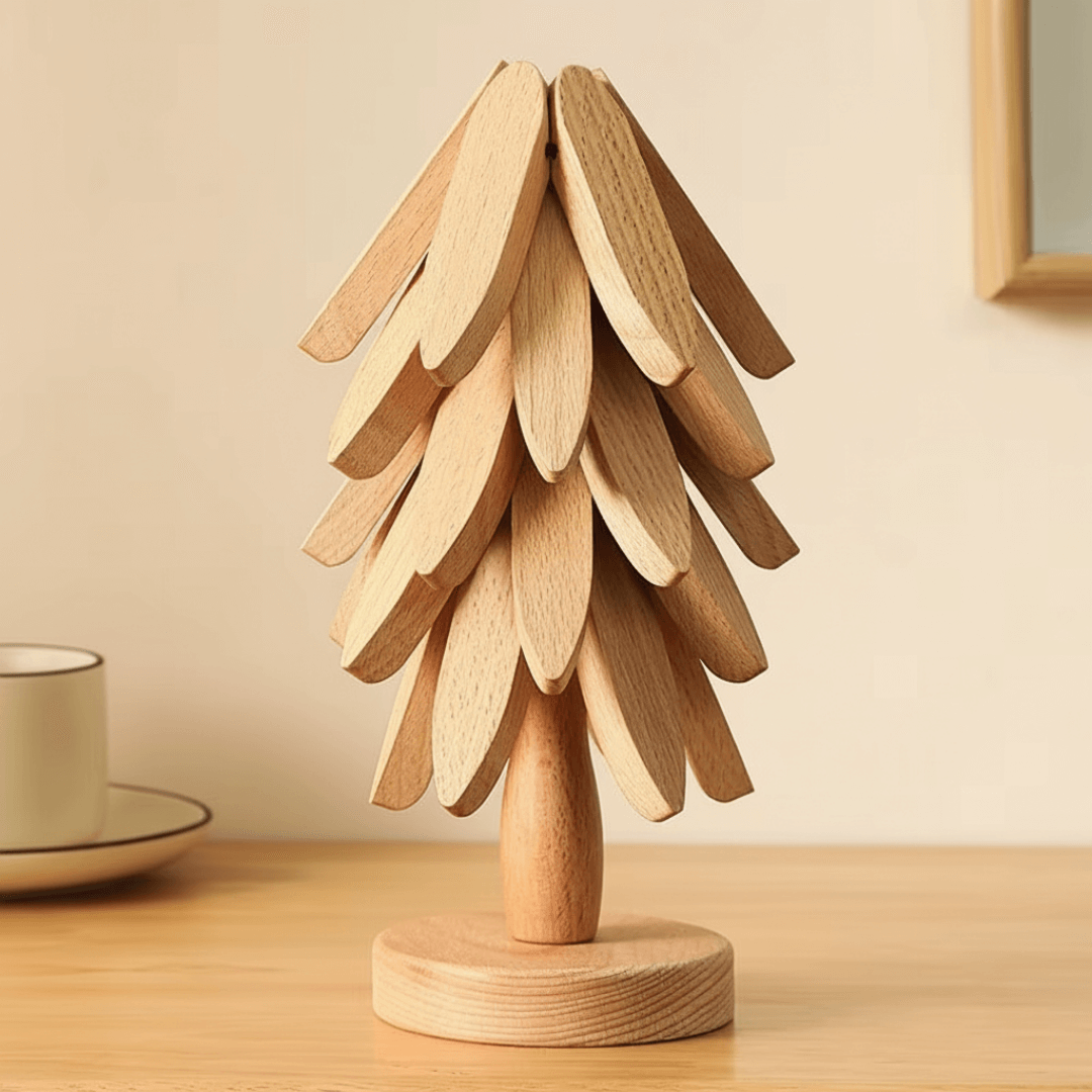Descanso de panela de madeira formato árvore com pétalas dobráveis – design artesanal fundo branco