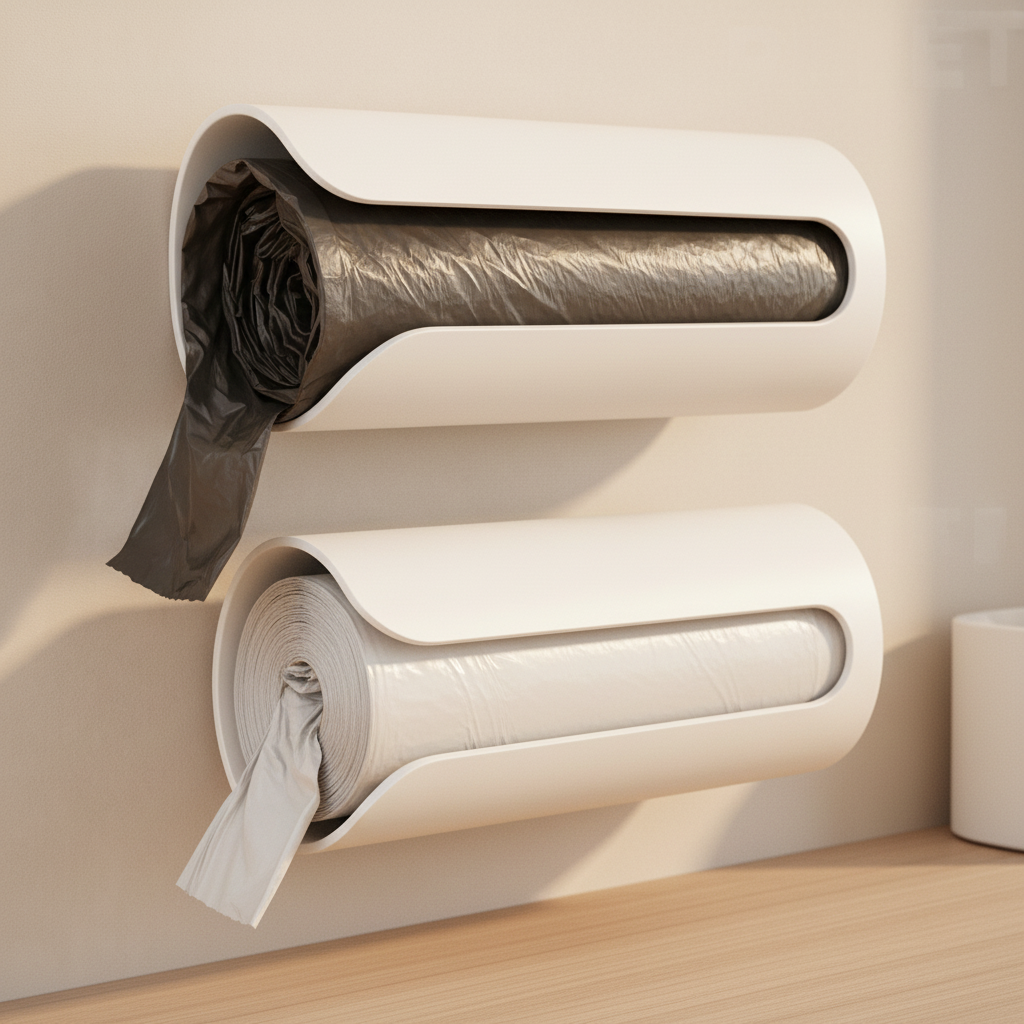 Suporte puxa saco de lixo branco em cozinha organizada – ViaHome