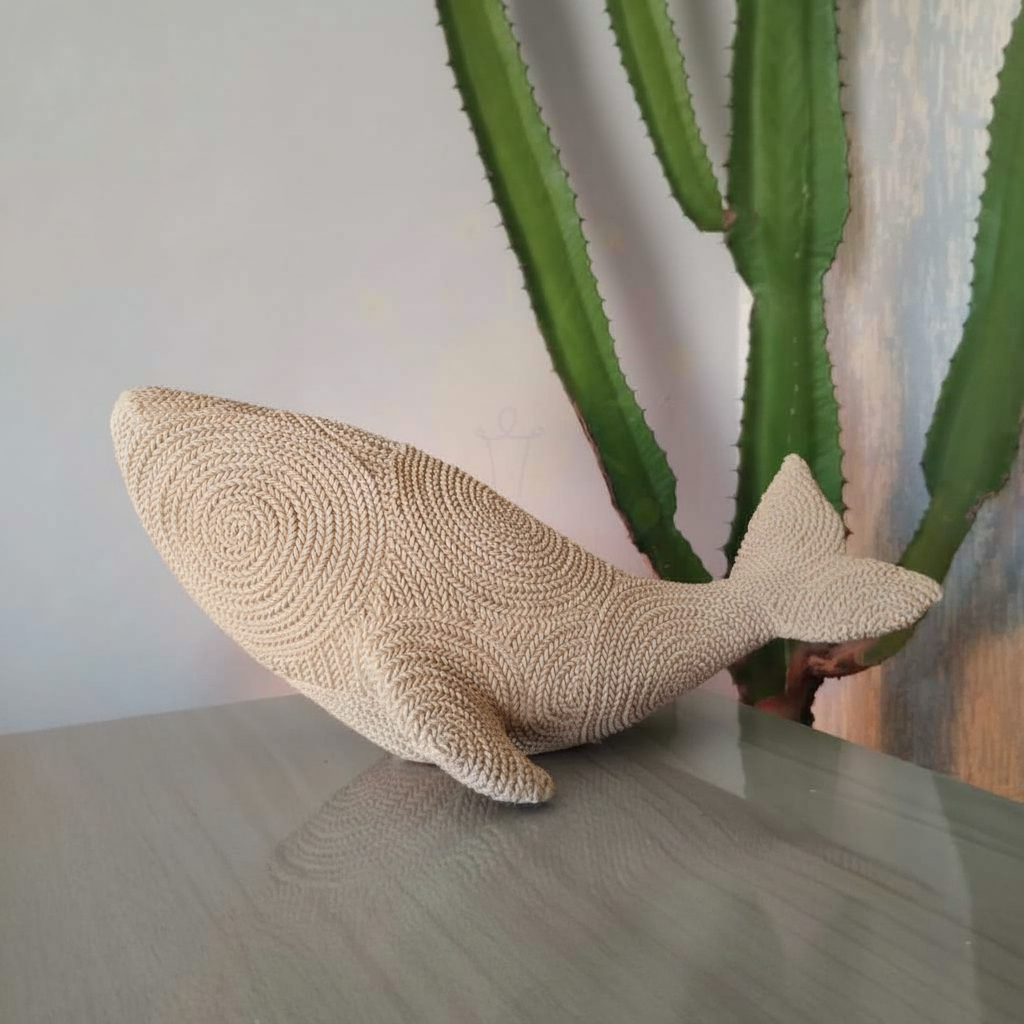Baleia decorativa gesso com textura artesanal sobre mesa de centro