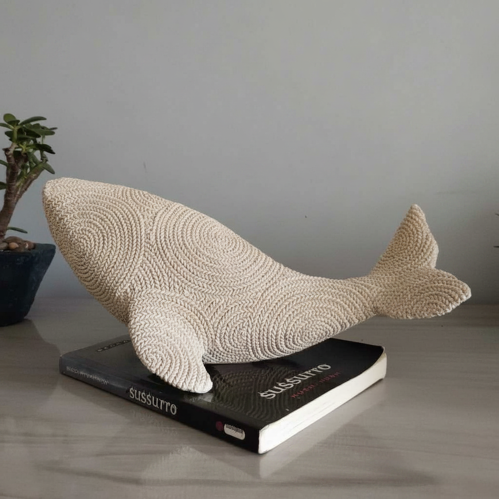 Detalhe da textura de crochê na escultura de baleia em gesso branco