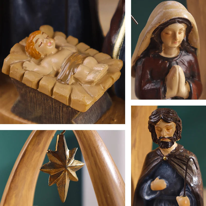 Close nos rostos e detalhes da escultura Sagrada Família em resina