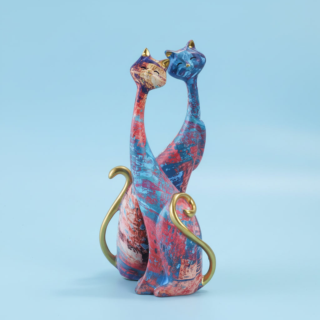 Detalhe da pintura a óleo colorida na escultura de gato em resina
