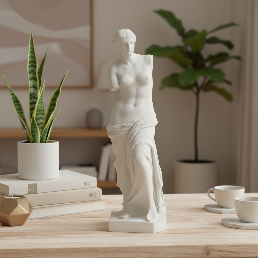 Escultura decorativa de figura mitológica grega em resina, estilo clássico