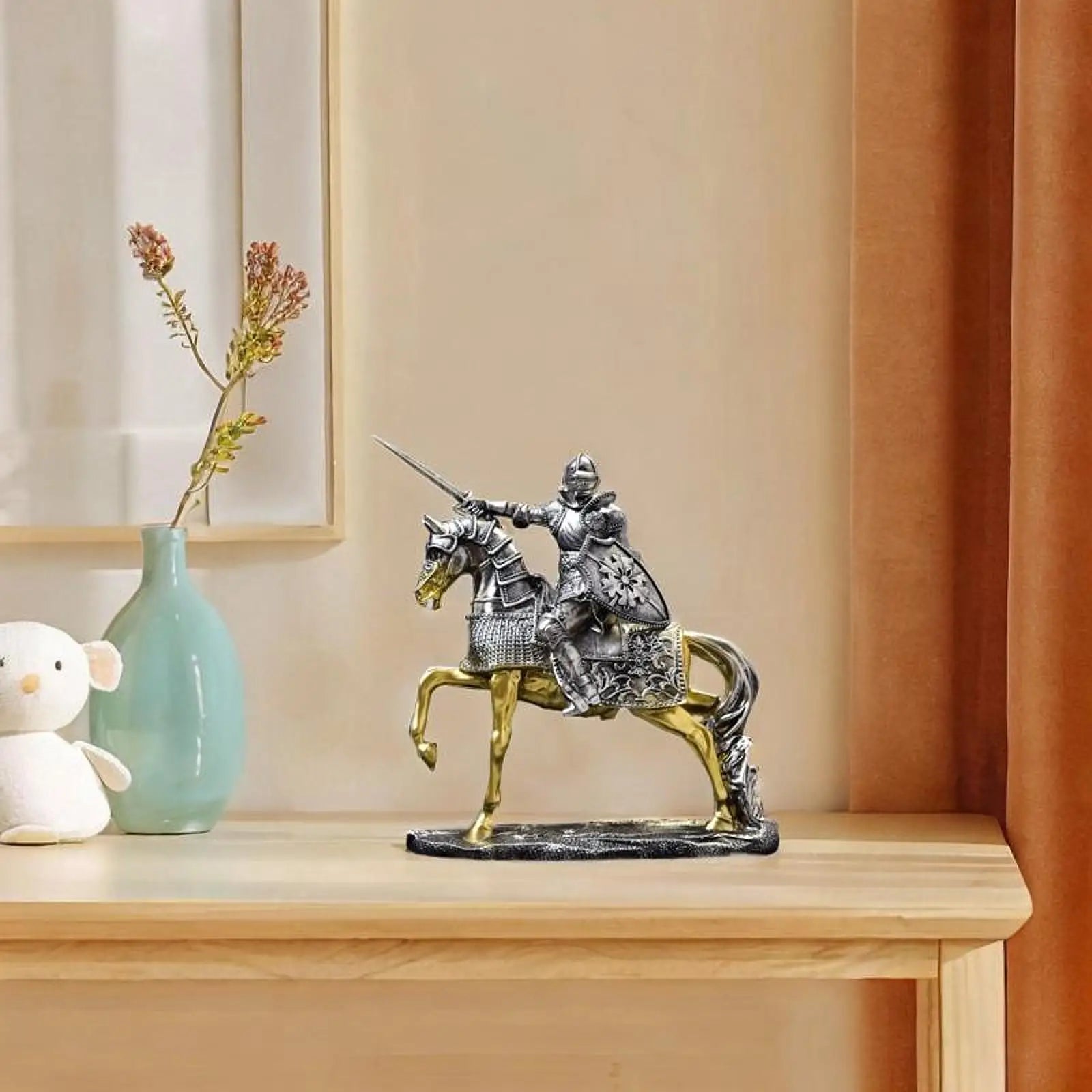 Estátua Cavalo Cavaleiro Retro em Resina Decoração Vintage para Sala, Mesa e Estante