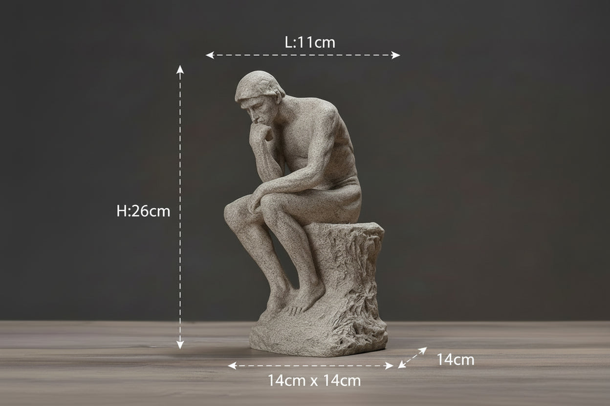 Detalhe da pose e textura da Estátua Pensador minimalista nórdico em resina