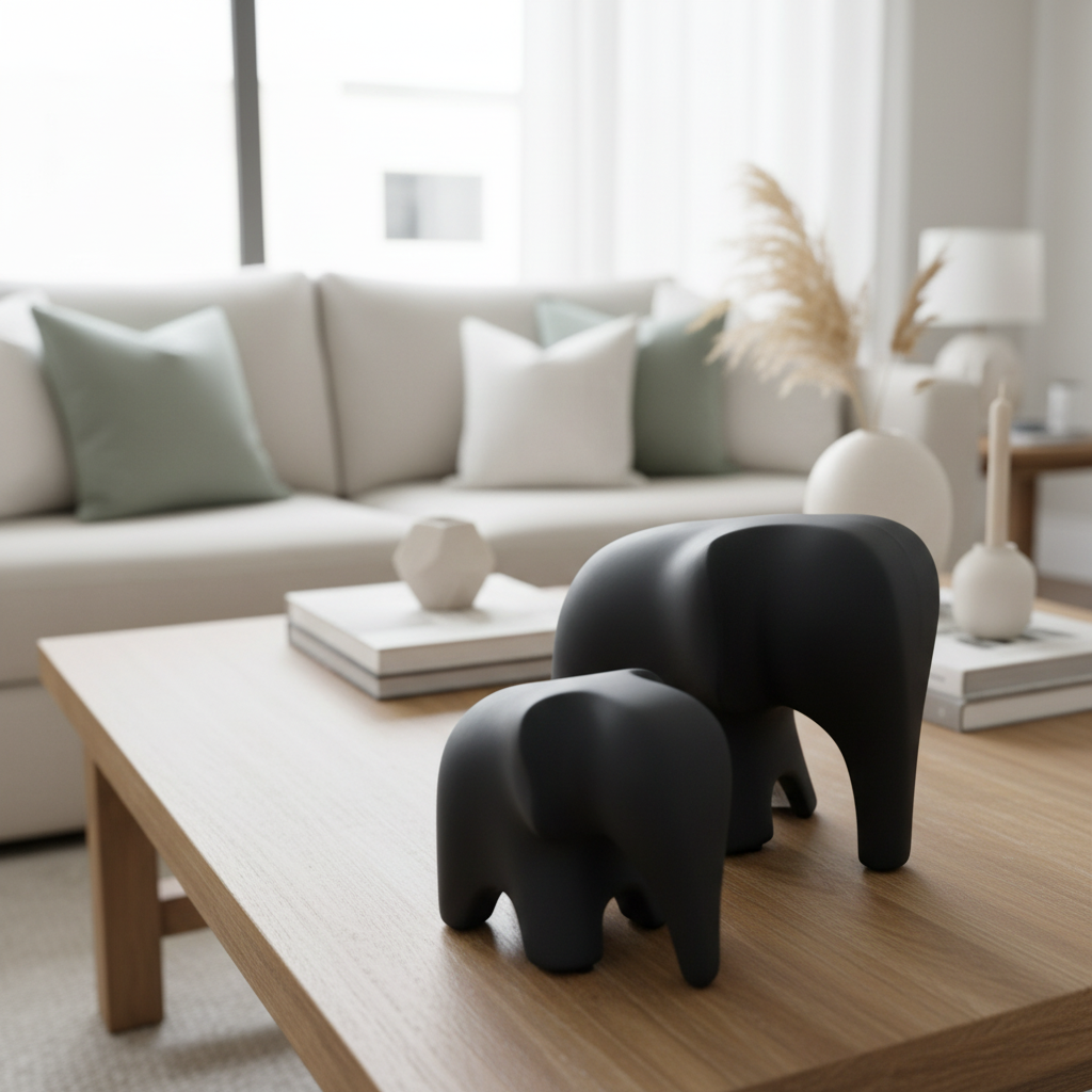 Estatueta elefante família em cerâmica vista lateral