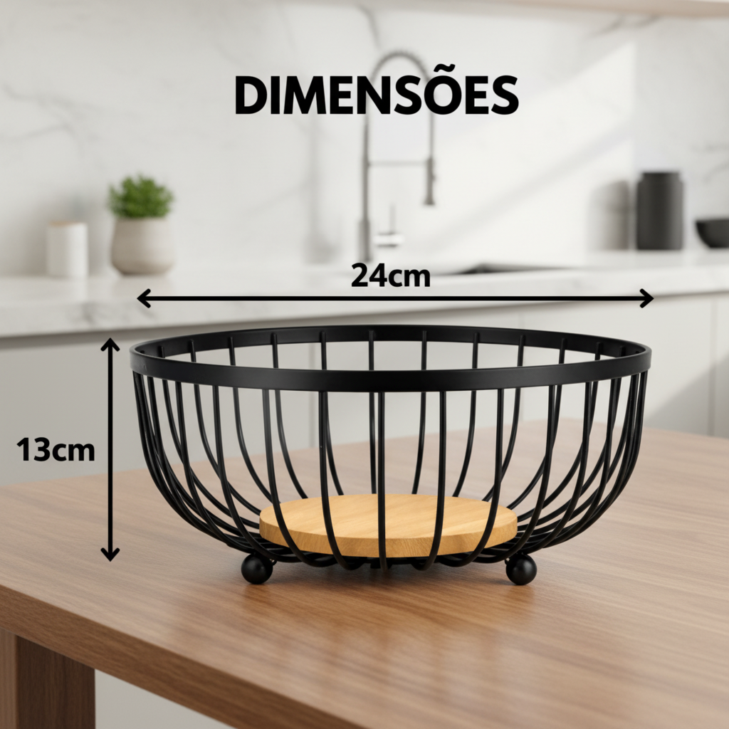 Fruteira de arame preto com dimensões: 24cm de diâmetro e 13cm de altura – base de bambu