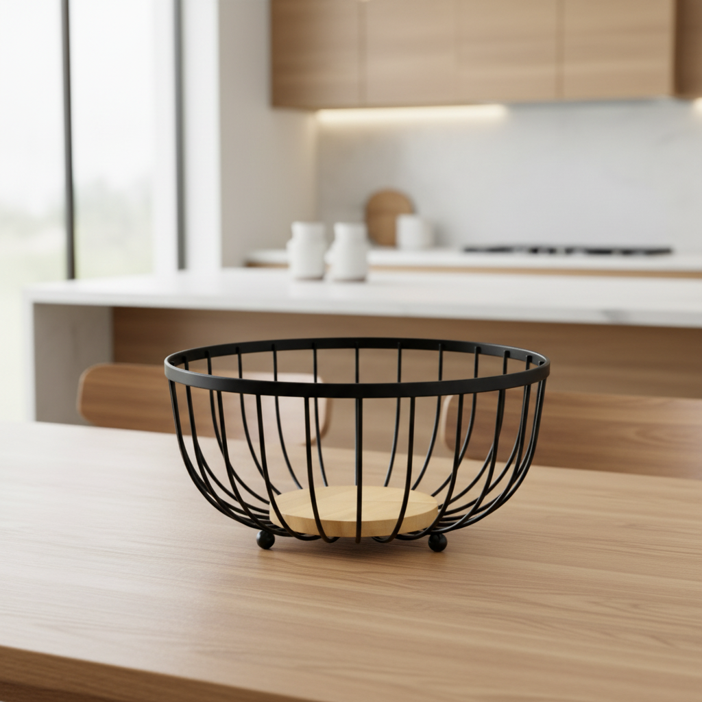 Fruteira Aramado Ferro Clink – Organizador de Cozinha Redondo com Base de Bambu