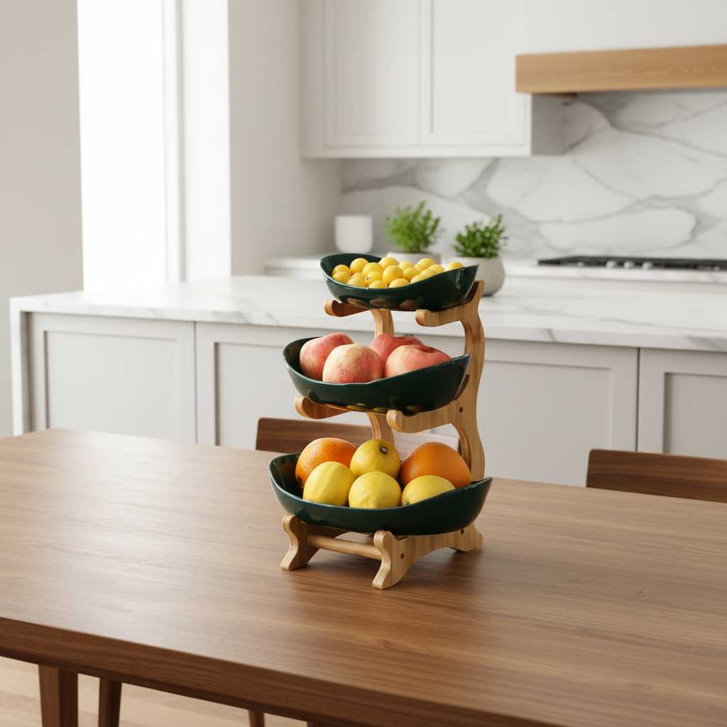 Fruteira criativa moderna de 3 andares para frutas e doces, vista geral