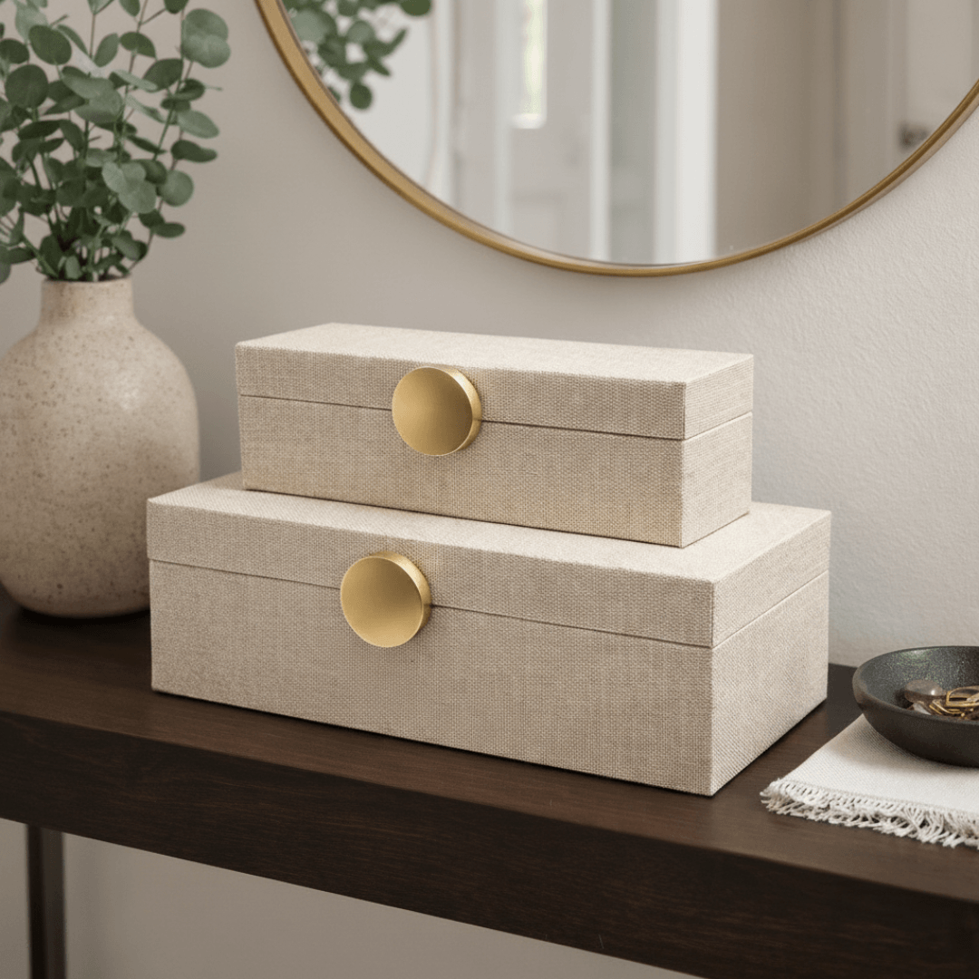 Kit 2 caixas decorativas em MDF linho com puxador dourado esférico sobre aparador com espelho e planta