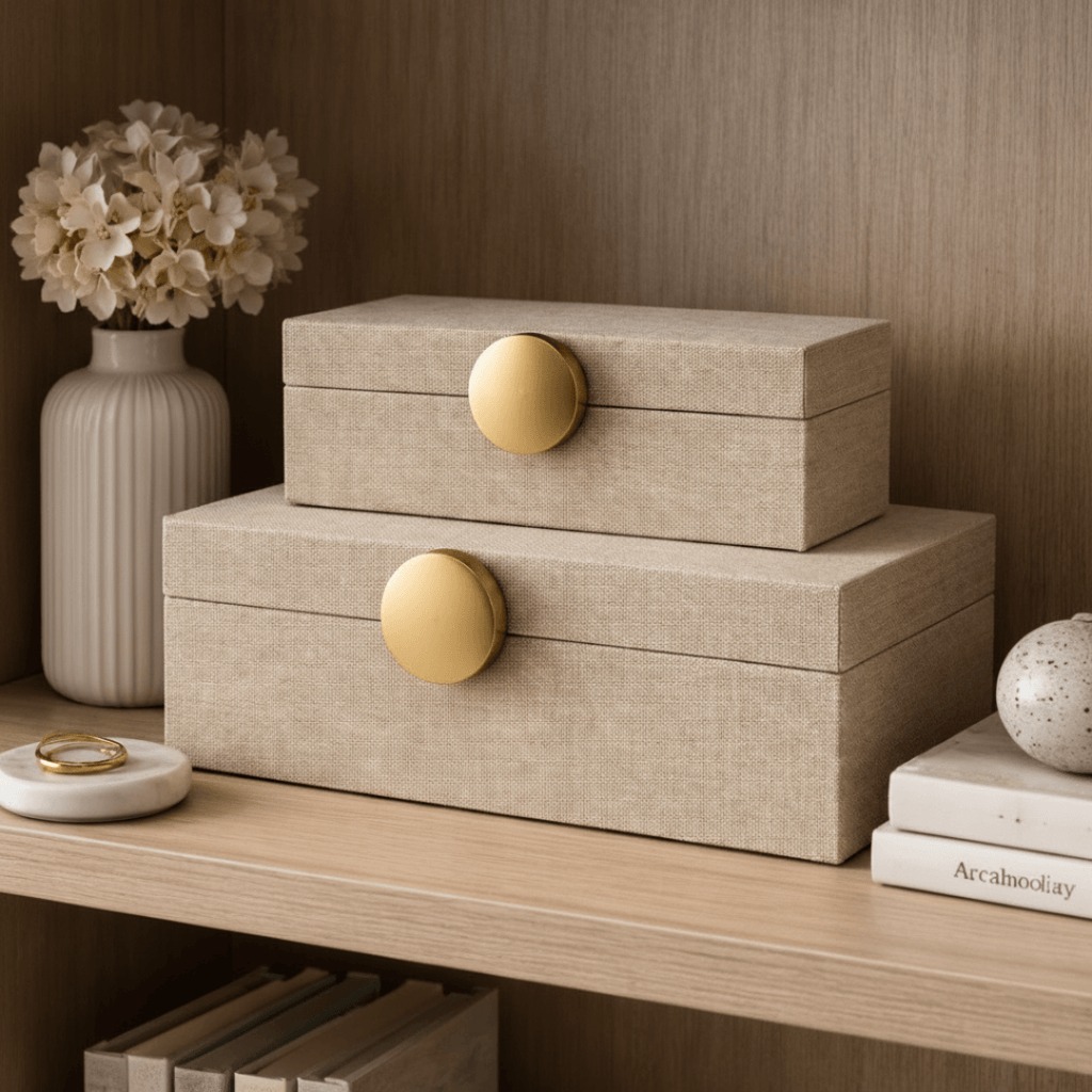 Kit 2 caixas decorativas em MDF bege com puxador dourado sobre estante com livros e flores