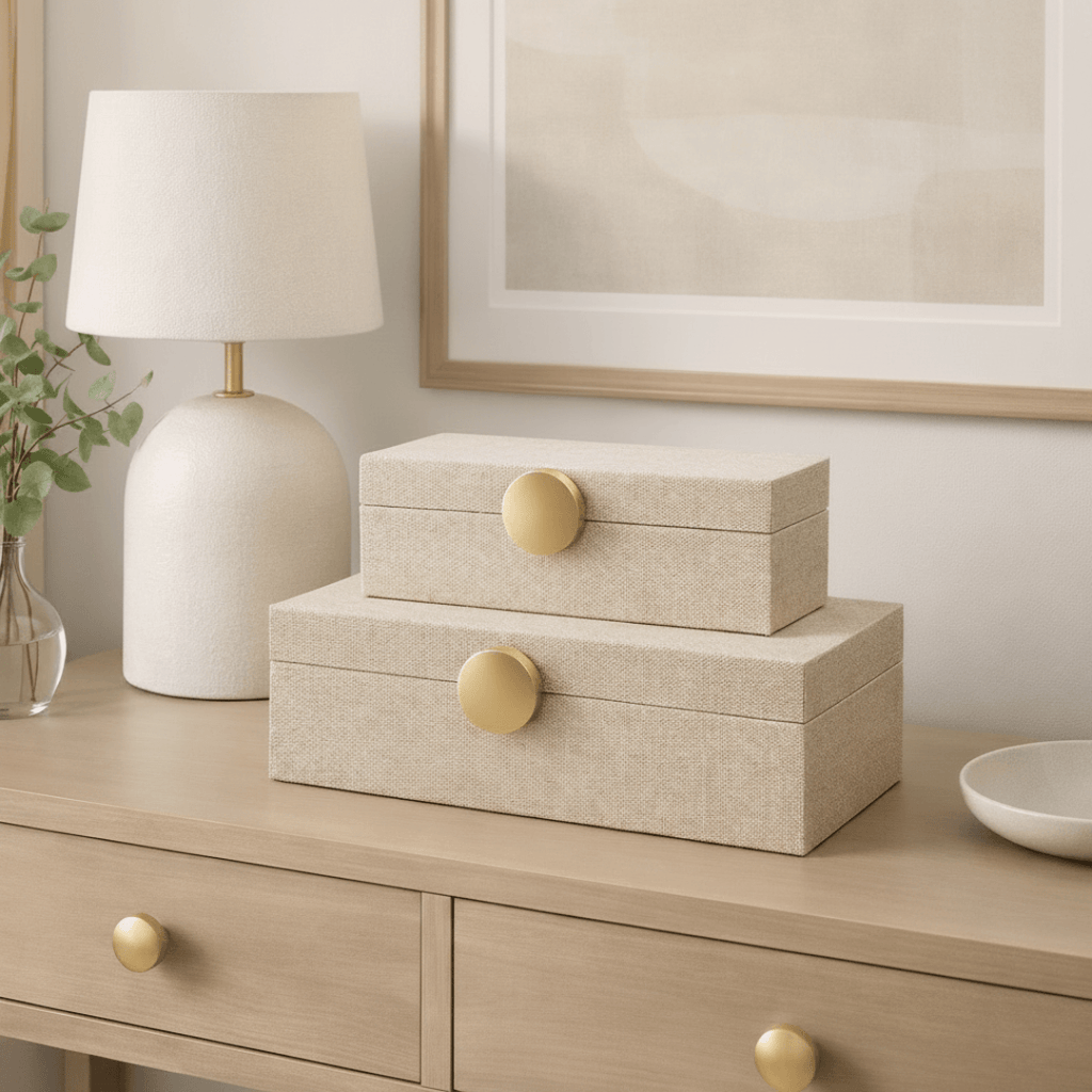 Kit 2 caixas decorativas em MDF bege com puxador dourado sobre aparador com luminária e quadro