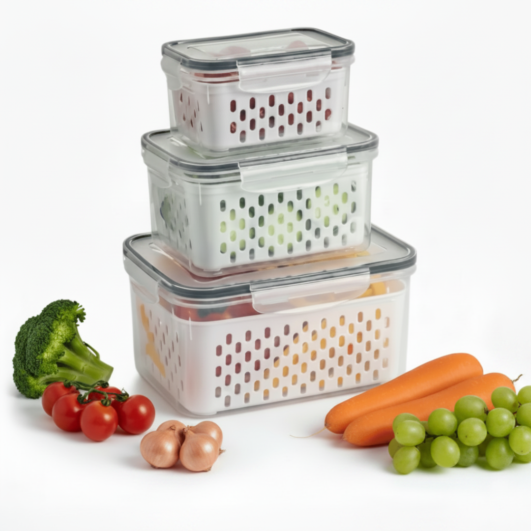 Kit 3 organizadores herméticos empilhados com cestos brancos e vegetais frescos ao redor, vista frontal