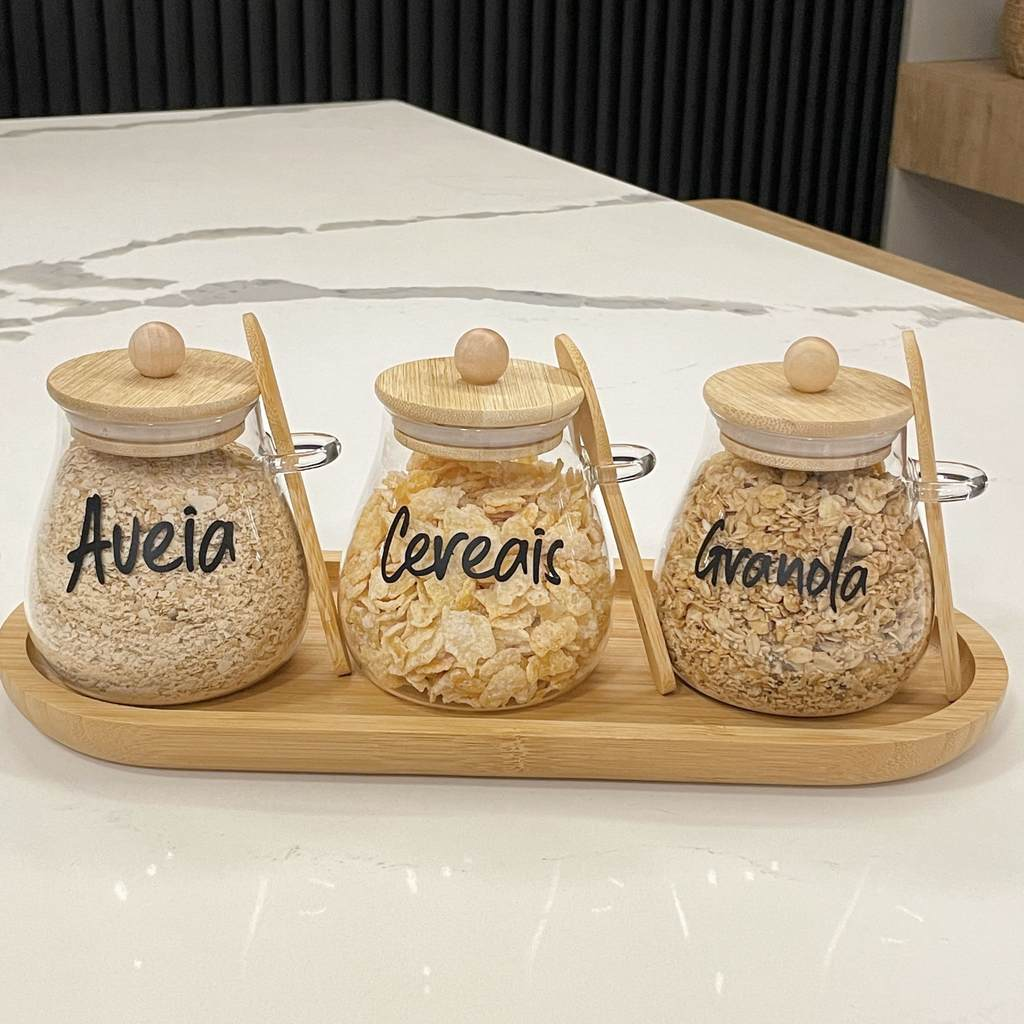 Kit 3 Potes Aurora 400ml – Tampa de Bambu e Colher