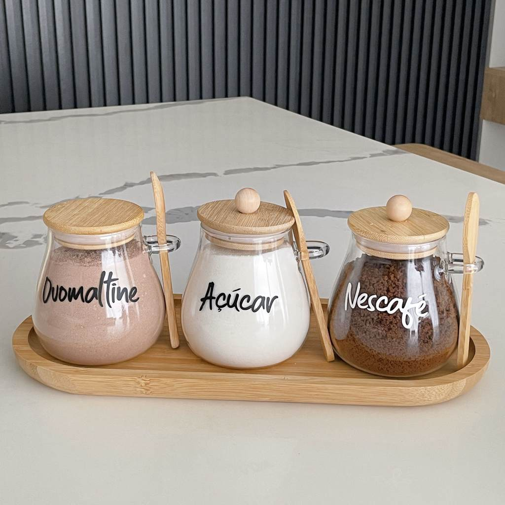 Kit 3 Potes Aurora 400ml – Tampa de Bambu e Colher