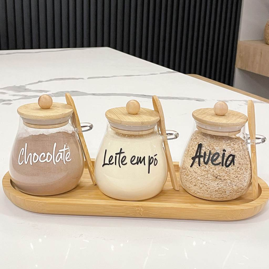 Kit 3 Potes Aurora 400ml – Tampa de Bambu e Colher