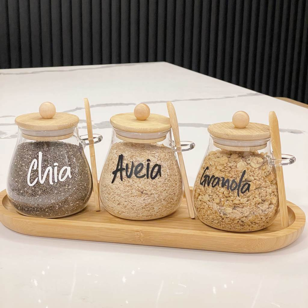 KIT 3 POTES 400ML TAMPA COLHER E BANDEJA DE BAMBU AURORA