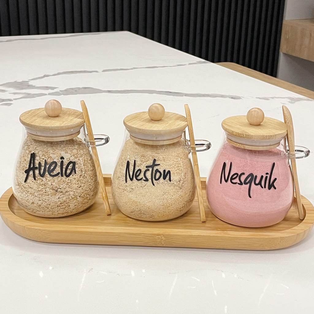 KIT 3 POTES 400ML TAMPA COLHER E BANDEJA DE BAMBU AURORA
