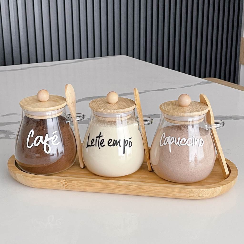 KIT 3 POTES 400ML TAMPA COLHER E BANDEJA DE BAMBU AURORA