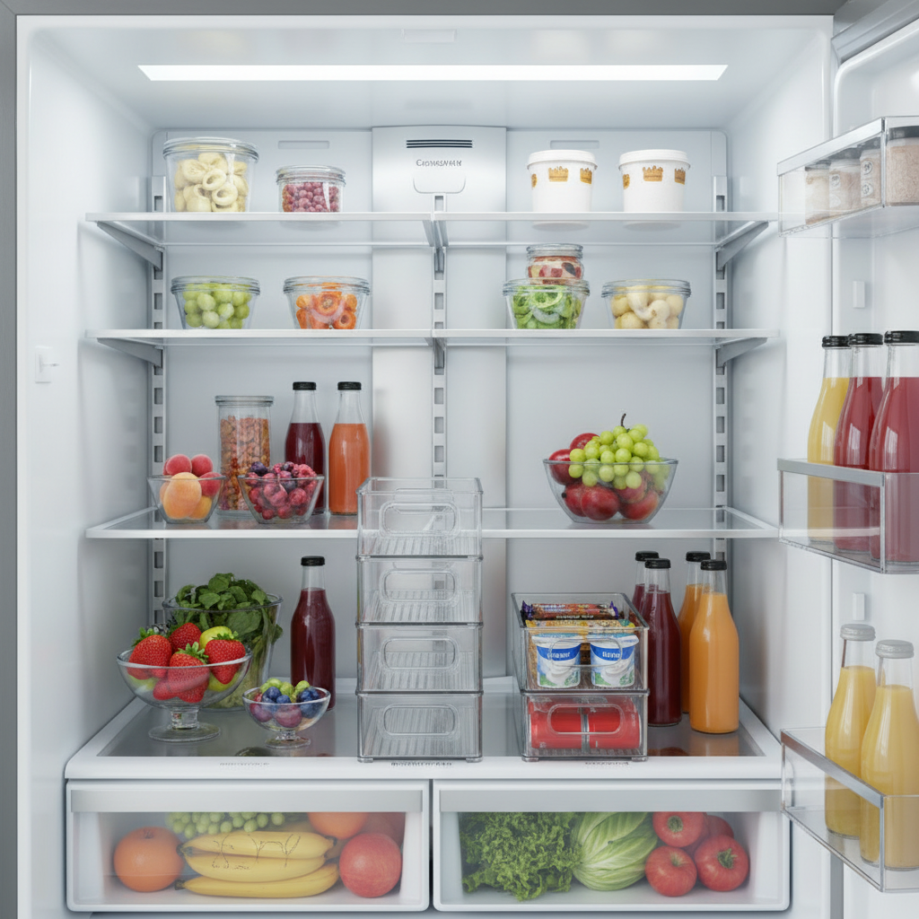 Geladeira organizada com kit de organizadores empilháveis transparentes cheios de frutas, legumes e bebidas