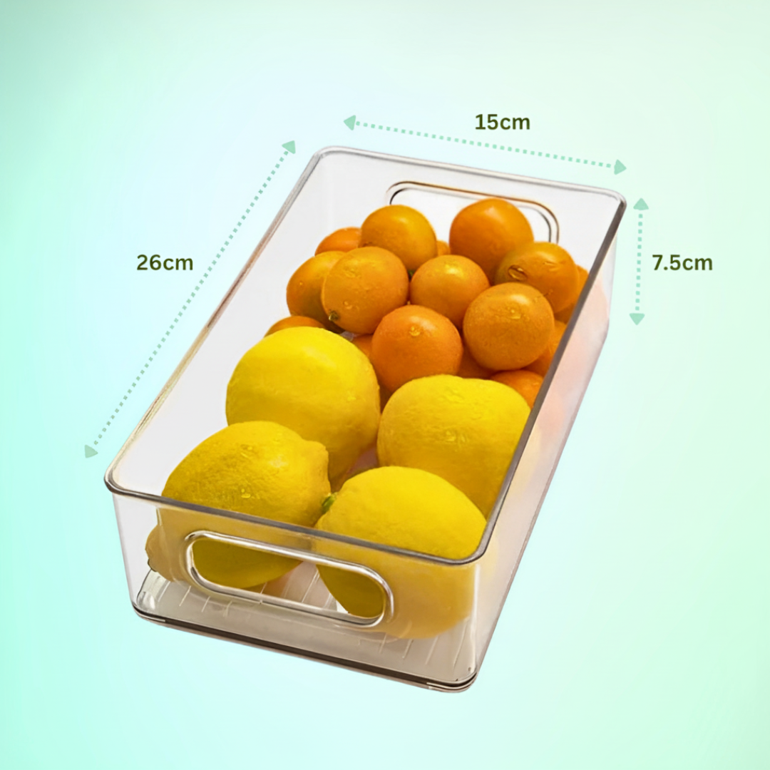 Organizador de geladeira transparente com dimensões: 26 cm × 15 cm × 7,5 cm com laranjas e limões